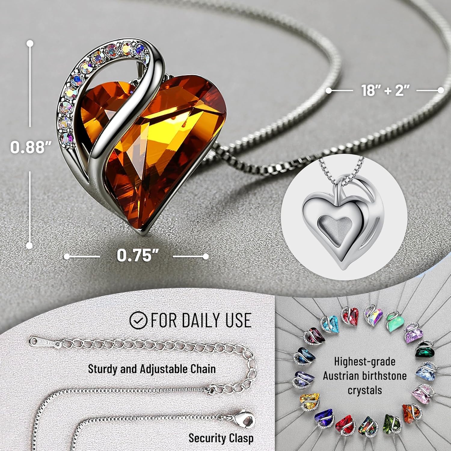 Infinity Love Heart Pendant Necklace with Birthstone Crystals for 12 Months, Jewelry Gifts for Women, Silver-Tone, 18"+2"