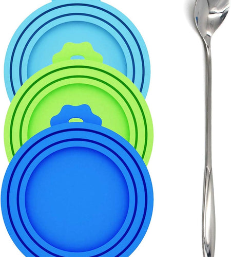 Pet Food Can Lids, Silicone Can Lids Covers for Dog and Cat Food, Universal Size Fits All Standard Size Dog and Cat Can Tops (3 Pack & Spoon, Multi-Colored)