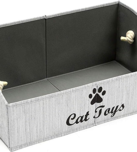 Large Cat Toys Storage Bins - Foldable Fabric Trapezoid Organizer Boxes with Weave Rope Handle, Collapsible Basket for Shelves,Cat Toys,Cat Apparel & Accessories(Gray-Cat)